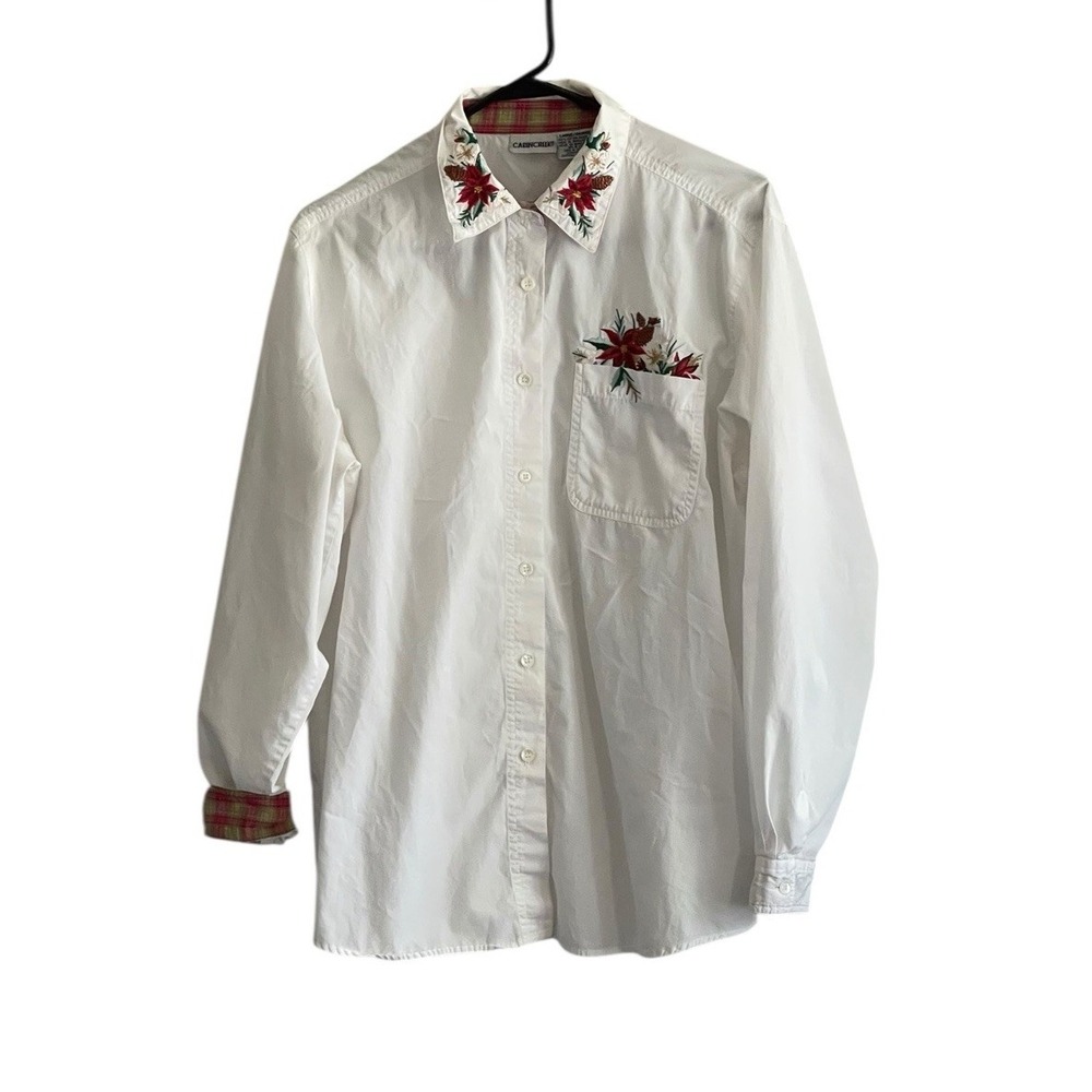 Cabin Creek Vtg Shirt Button Down White Plaid Embroidred Christmas Floral Large